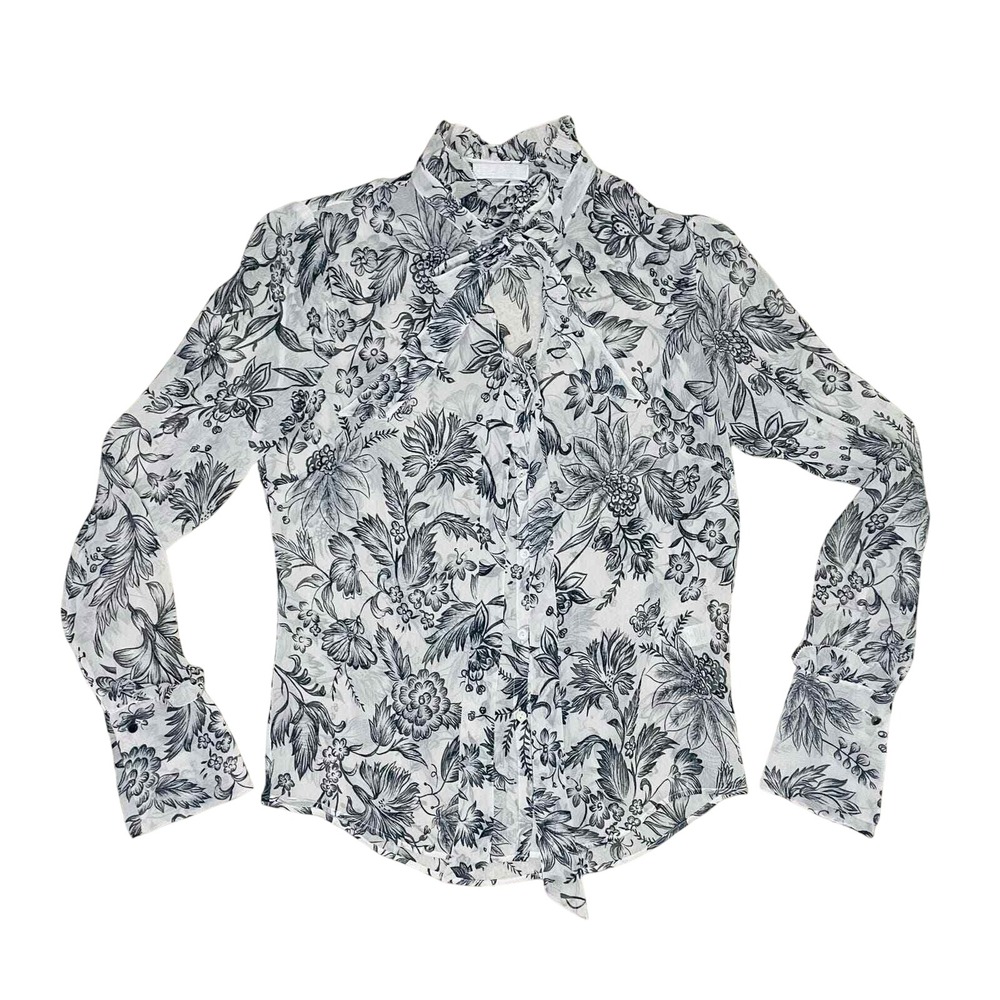 Badgley Mischka Sheer Silk‎ Floral Print Long Sleeve Tie Neck Blouse Size 4